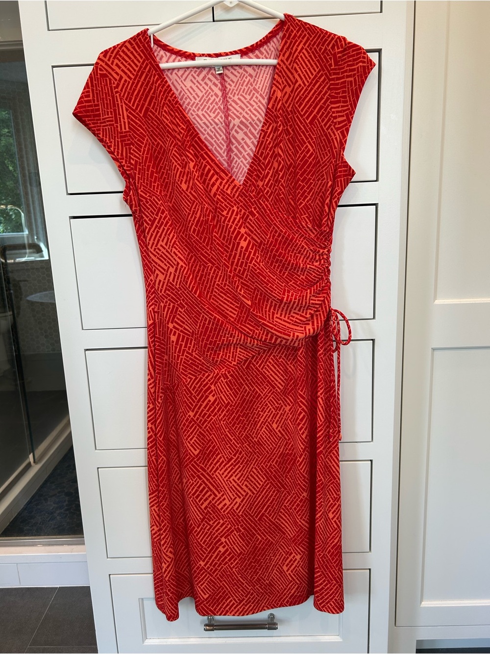 Evan Picone Red & Orange Patterned Wrap Midi Dress